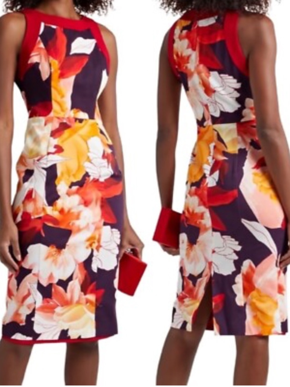 Black Halo Rohan Floral Sheath Midi Dress in Botanic Punch Red Purple Print Sz 2